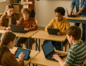 Students using laptops and tablets in a modern classroom, showcasing educational technology solutions for schools.