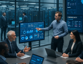 Executives analyzing data in a high-tech enterprise cybersecurity center.