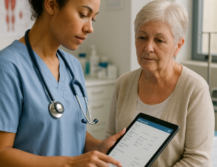 Healthcare professional reviewing digital patient records with an elderly woman, showcasing IT solutions for government and healthcare services.