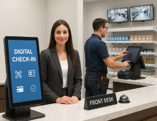 Digital check-in kiosk and front desk staff in a modern reception area, illustrating IT solutions for retail and hospitality businesses.