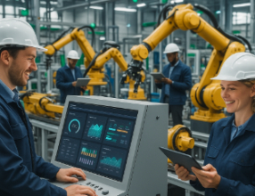 Engineers operating robotic arms and monitoring data dashboards in a smart factory, highlighting industrial automation solutions.