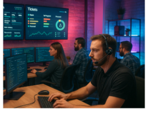 A man in a headset works on a computer, representing a Managed IT Service for Ciber IT Solutions.
