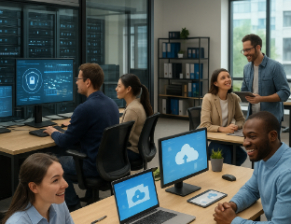 IT professionals collaborating in a secure, cloud-enabled office environment, highlighting scalable technology solutions for mid-market companies.