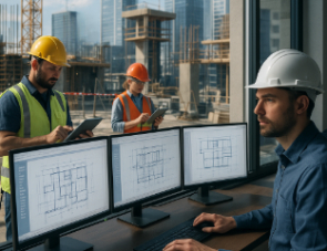 Architects and engineers using digital blueprints and tablets at a construction site, representing IT solutions for real estate and construction projects.