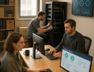 IT team managing servers and analyzing data dashboards in a small office, representing technology solutions tailored for small businesses.