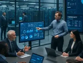 Executives analyzing data in a high-tech enterprise cybersecurity center.