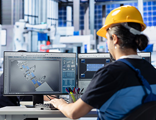A man in a hardhat works on three monitors, providing PLC and SCADA support for Ciber IT Solutions.